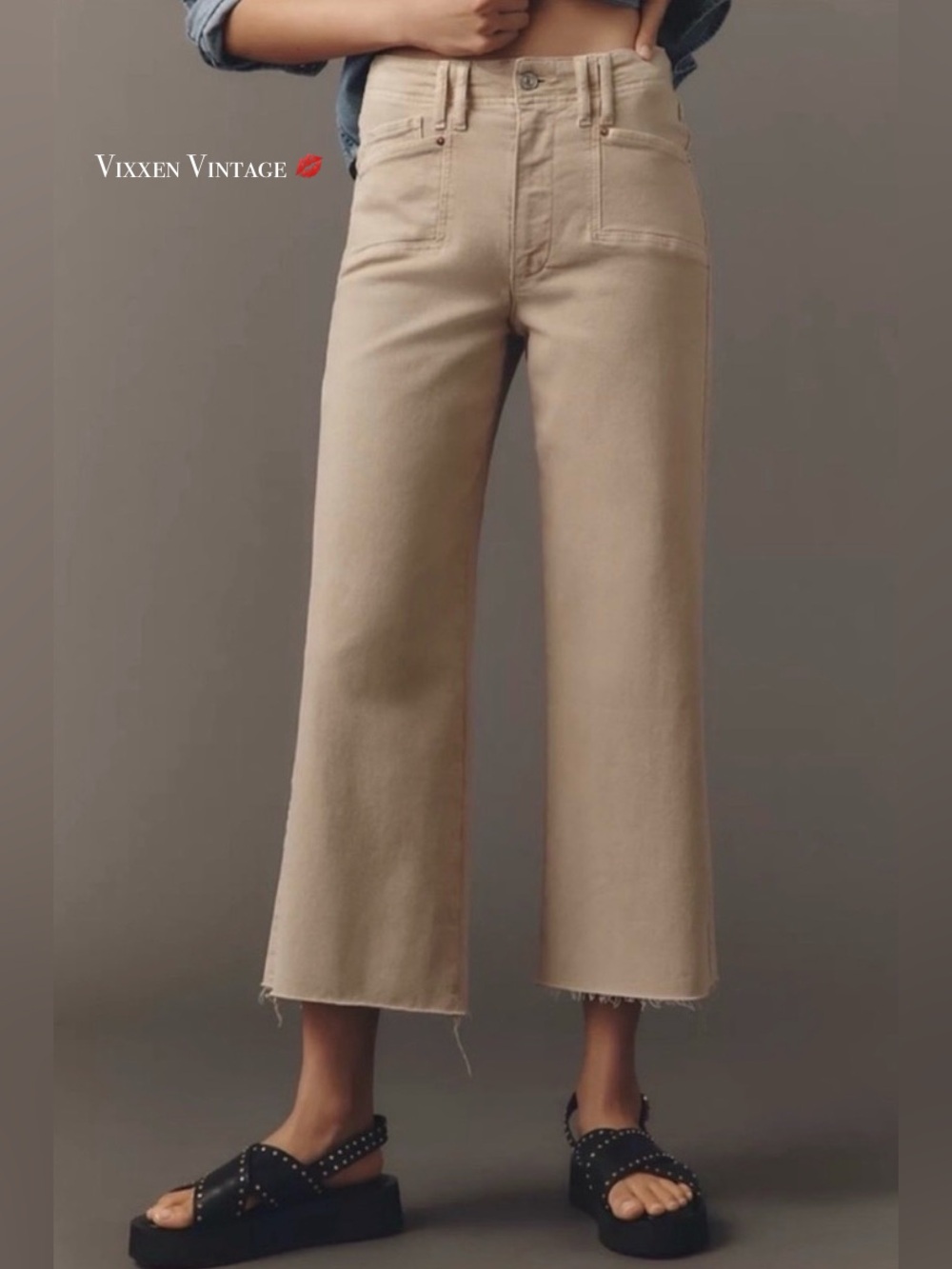 PAIGE SET IN POCKETS RAW HEM 'ANESSA 27" WIDE LEG JEANS' IN VINTAGE SOFT SAND